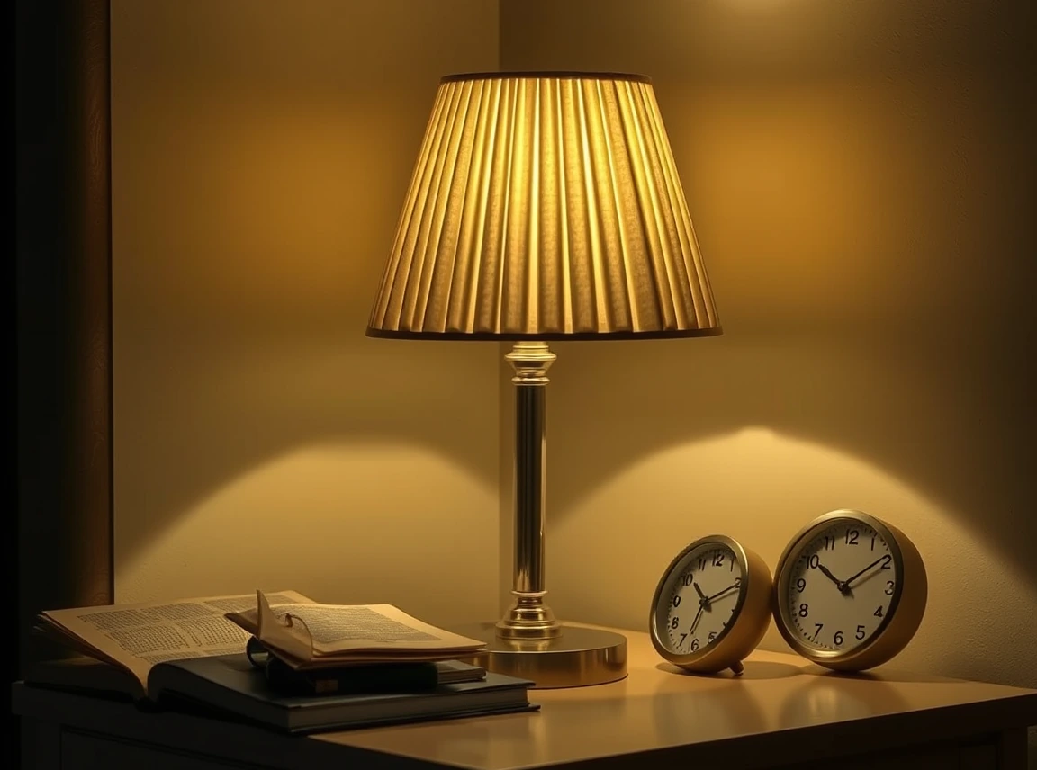 A table lamp with a pleated fabric shade glowing softly on a nightstand, beside a book and a small clock, warm cozy light