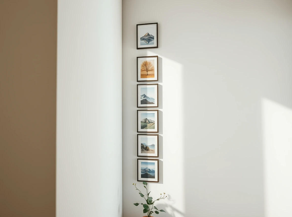 A tall narrow corner with a vertical stack of framed prints climbing the wall, drawing the eye upward, slim modern frames, a
