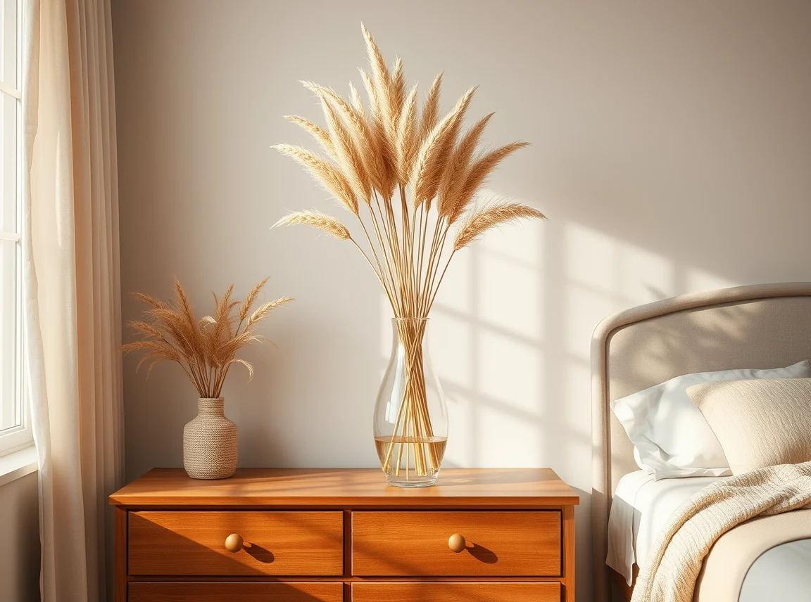 A tall vase of dried pampas grass and wheat stems on a dresser in a fall bedroom, soft neutral texture, no people, warm