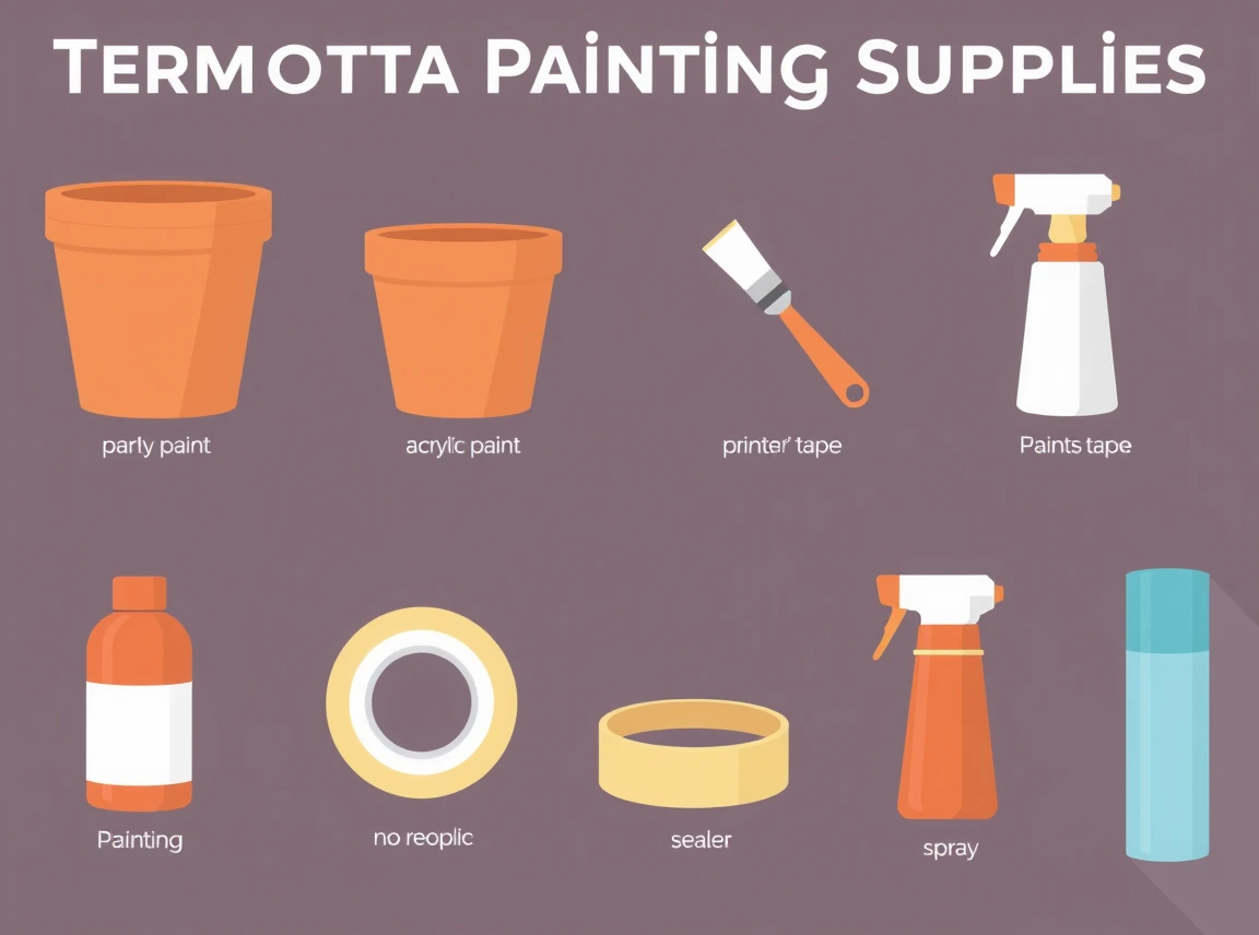 A terracotta painting supplies infographic showing pots, acrylic paint, brushes, painter's tape, and sealer spray with