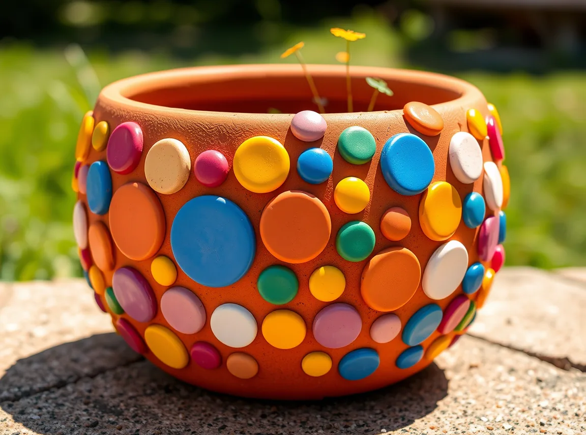 A terracotta pot covered in colorful polka dots of different sizes, cheerful and playful, no people, bright light, landscape
