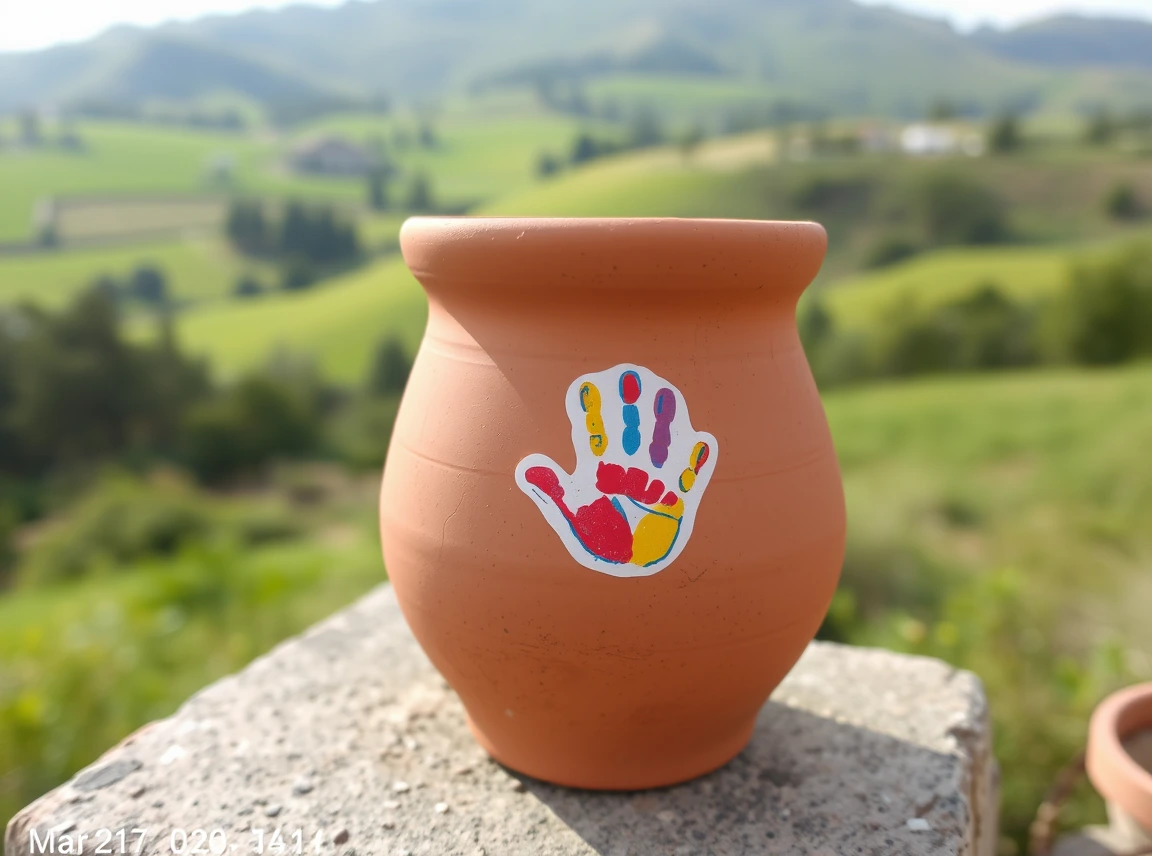 A terracotta pot decorated with a small colorful painted handprint design, sweet and sentimental, no people, soft daylight