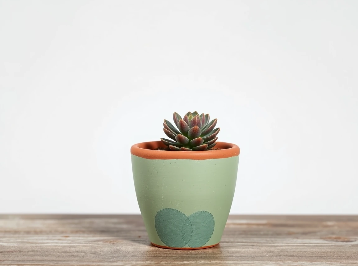 A terracotta pot painted a solid sage green holding a small succulent, clean and simple, no people, soft daylight, landscape