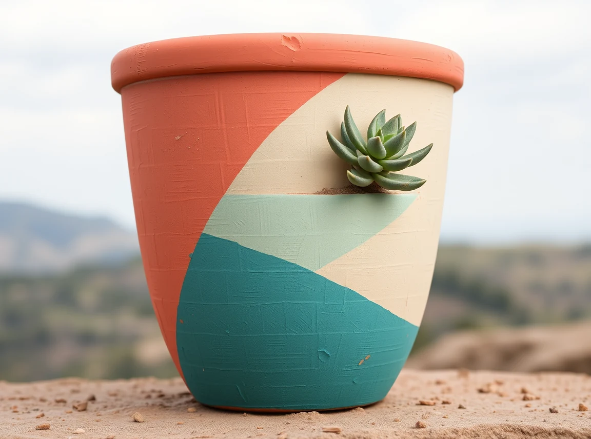 A terracotta pot painted in bold color blocks of coral, cream, and teal, playful and artsy, no people, soft daylight