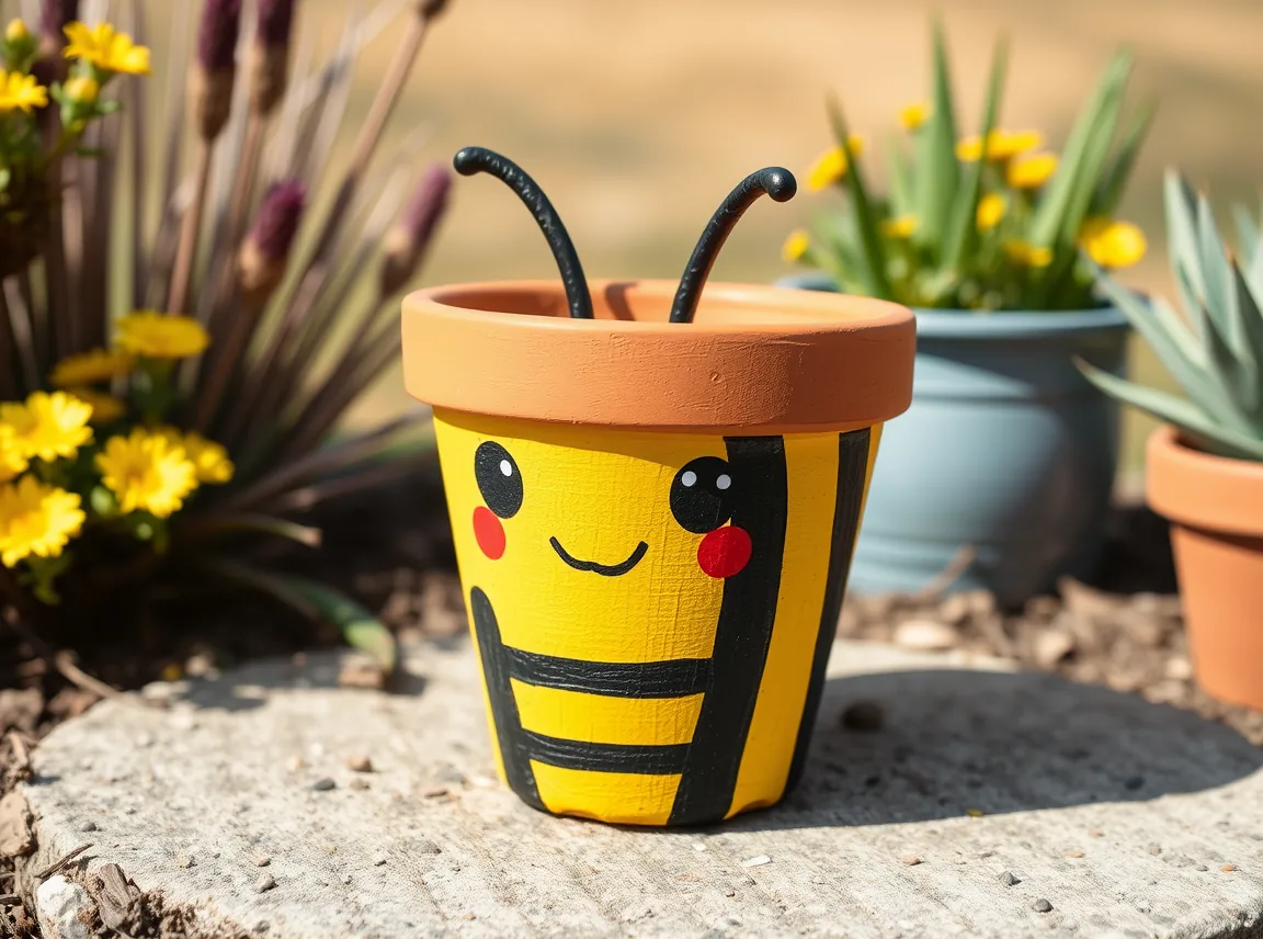 A terracotta pot painted like a cute bee with yellow and black stripes, playful and fun, no people, bright daylight