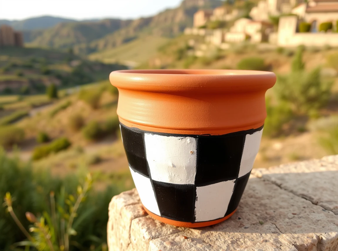 A terracotta pot painted with a black and white checkerboard pattern, bold and playful, no people, soft daylight, landscape
