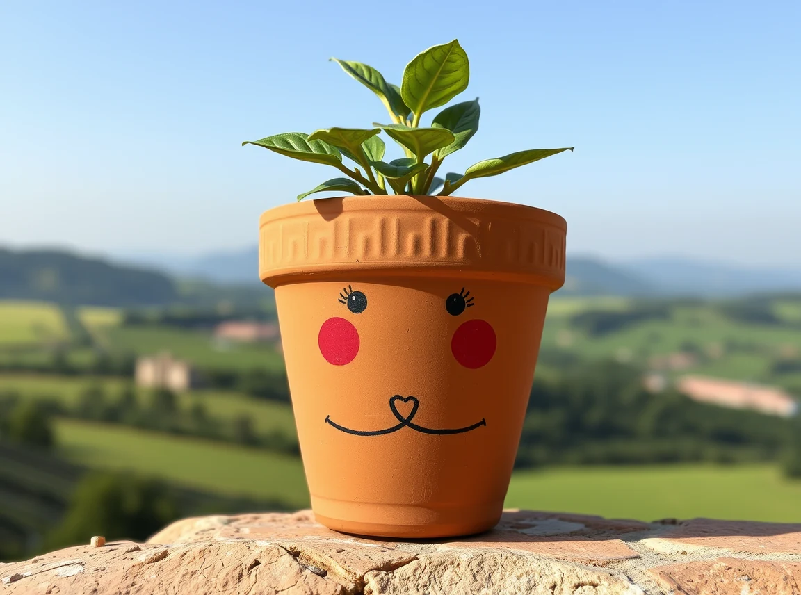 A terracotta pot painted with a simple cute face and rosy cheeks holding a leafy plant as hair, whimsical and charming, no
