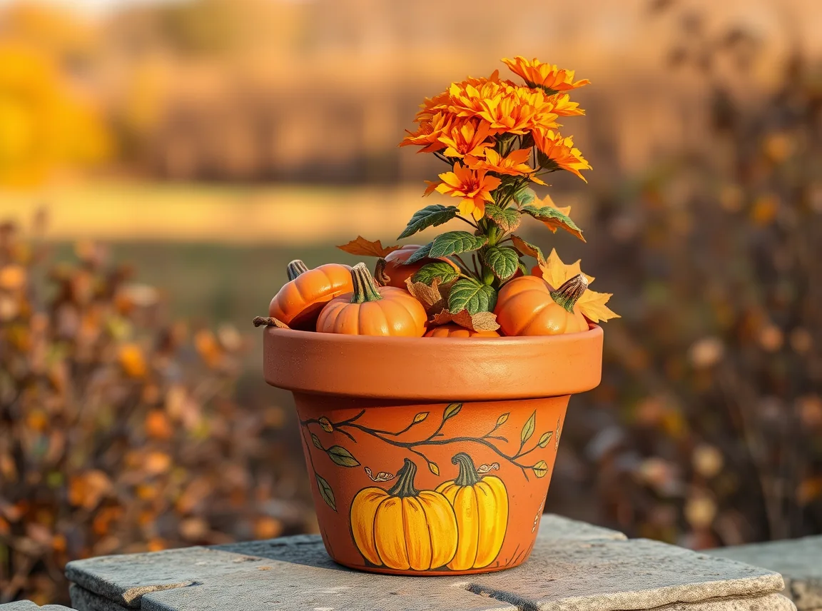 A terracotta pot painted with fall pumpkins and autumn leaves holding a small mum plant, festive and seasonal, no people