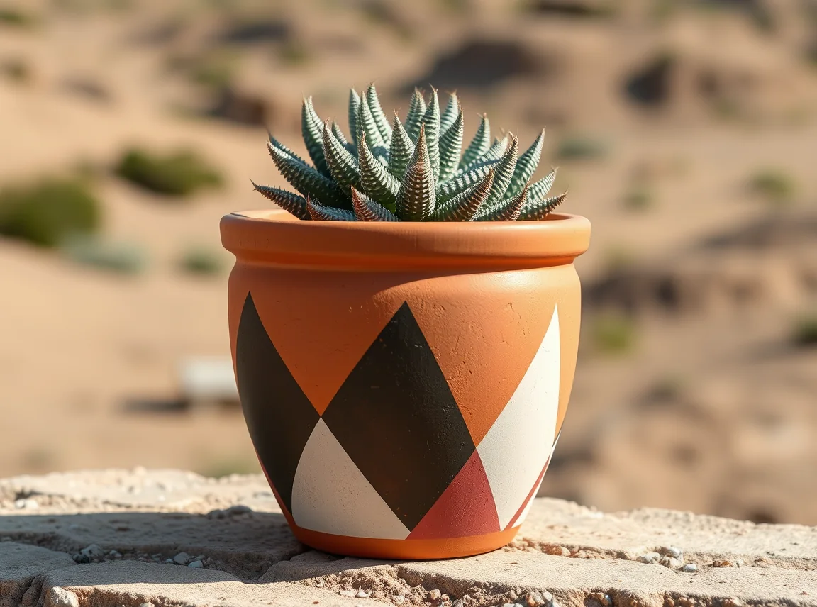 A terracotta pot painted with modern geometric triangles in muted earth tones, stylish and sharp, no people, bright light