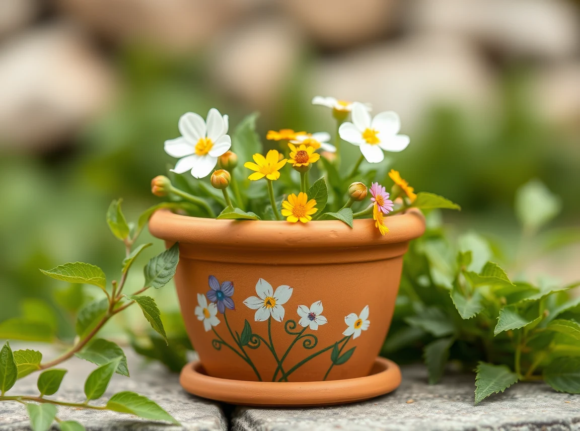 A terracotta pot painted with simple flowers and green leaves around the sides, pretty and natural, no people, soft natural