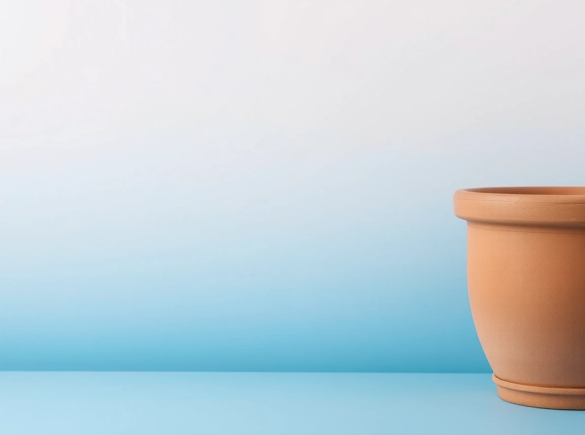 A terracotta pot with a soft ombré fade from deep blue at the bottom to pale blue at the top, dreamy and smooth, no people