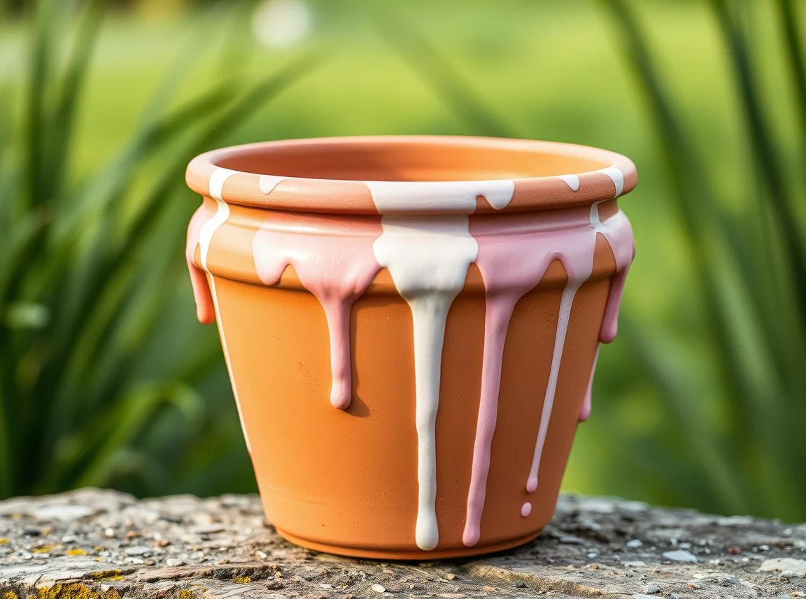 A terracotta pot with a soft watercolor drip effect in pastel colors running down the sides, artsy and modern, no people