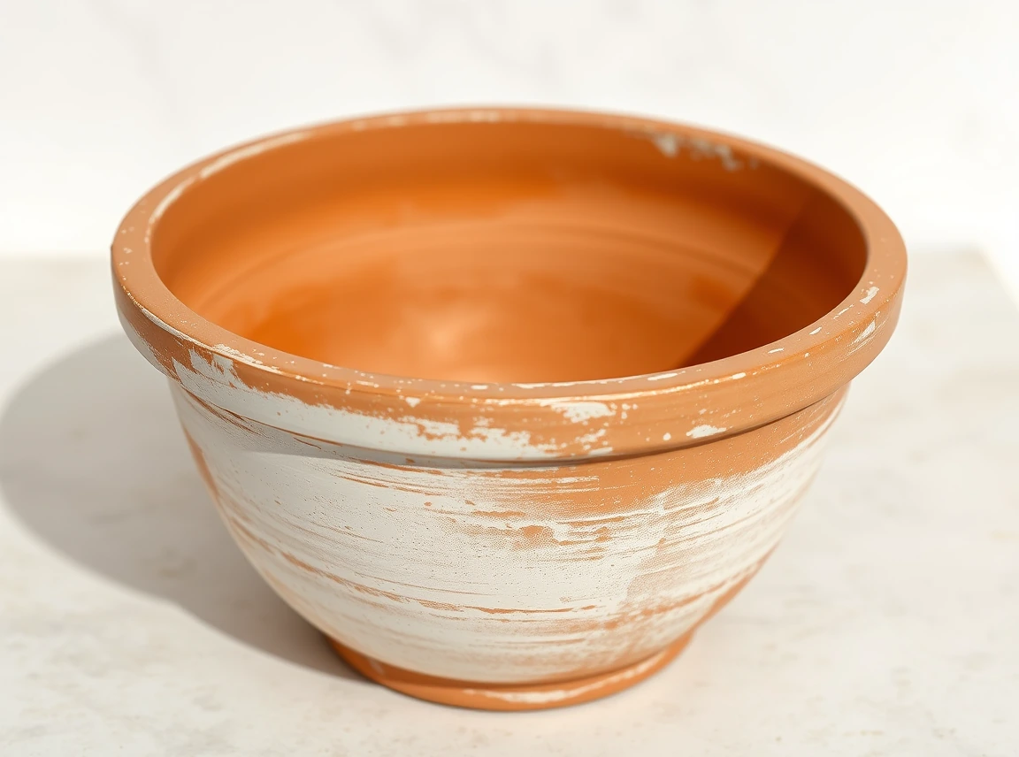 A terracotta pot with a soft whitewash finish letting the clay texture show through, rustic and airy, no people, soft