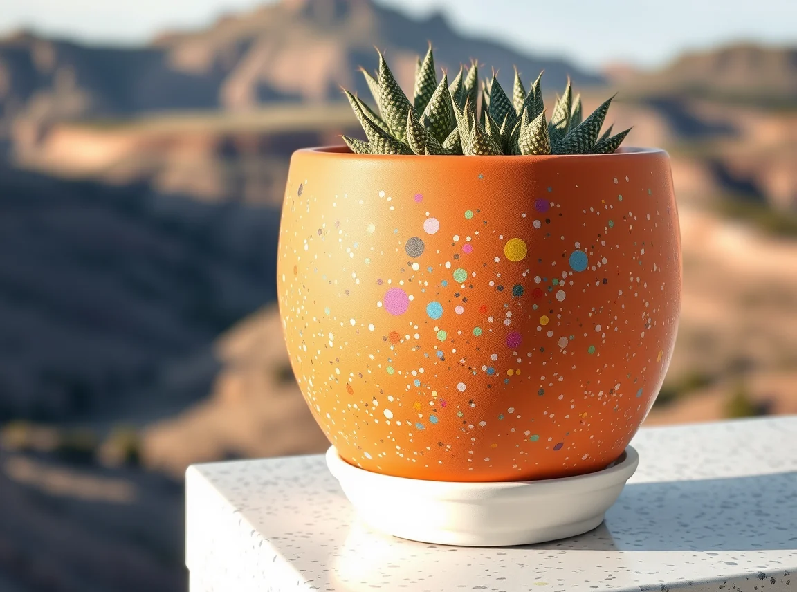 A terracotta pot with a white base and colorful terrazzo speckles, trendy and fun, no people, bright light, landscape photo