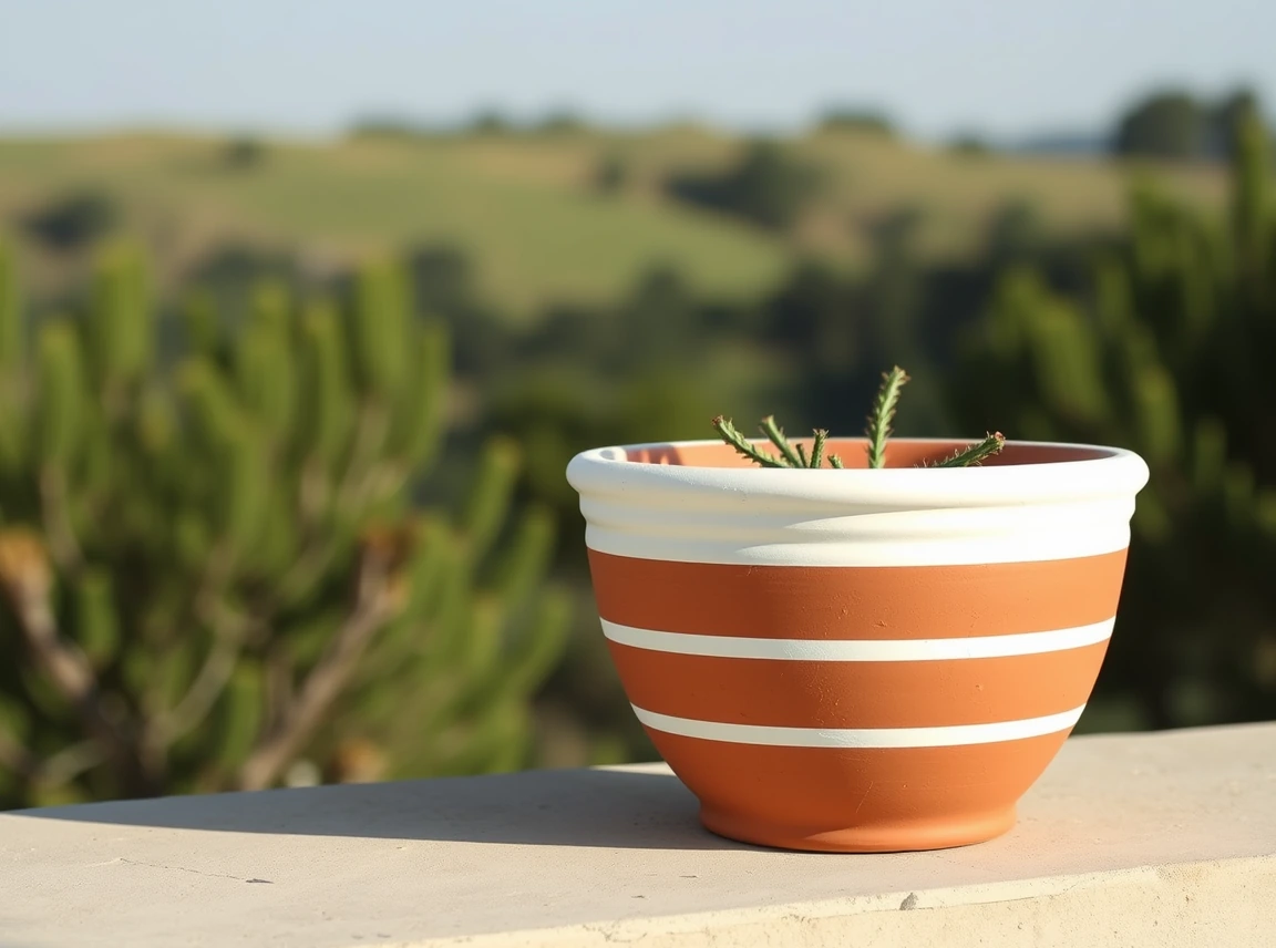 A terracotta pot with clean painted horizontal stripes in white and terracotta, classic and neat, no people, soft daylight
