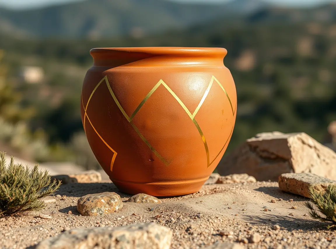 A terracotta pot with metallic gold geometric accents against natural clay, elegant and shimmery, no people, soft light