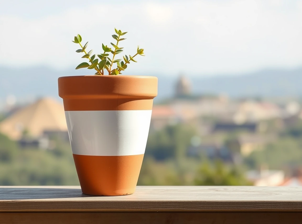 A terracotta pot with the bottom half painted white in a dipped two-tone style, modern and clean, no people, bright light