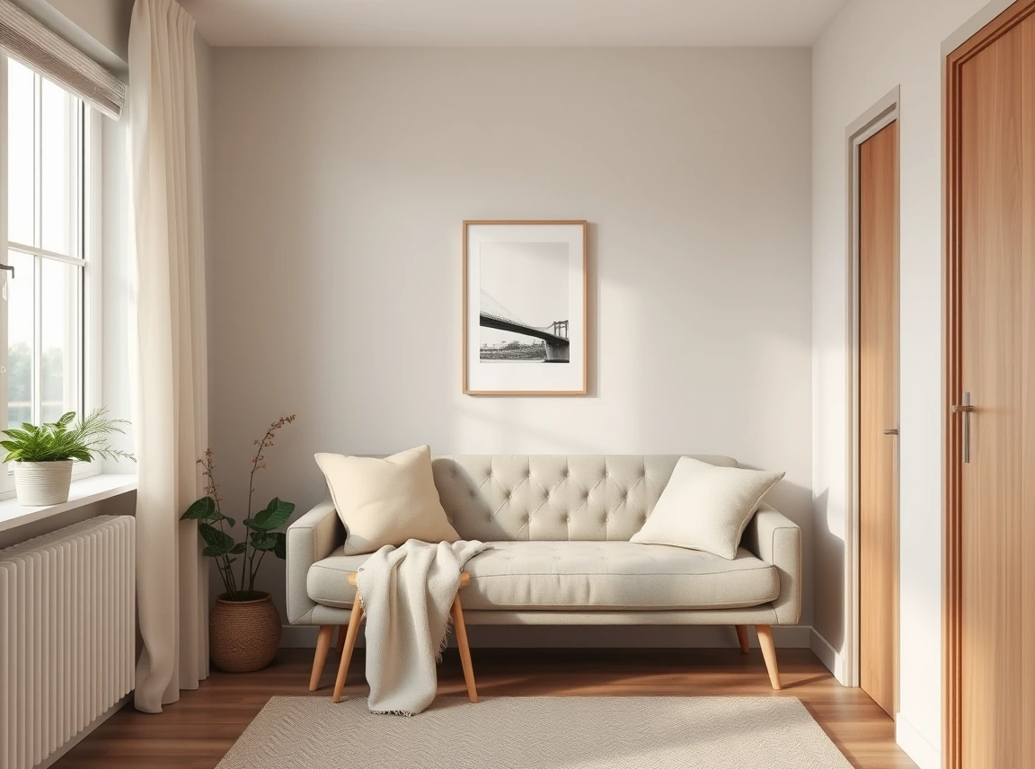 A tidy apartment corner decorated in a simple palette of cream, sage green, and warm wood, calm and cohesive, soft natural