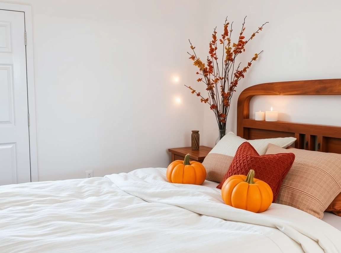 A tidy fall bedroom with just a few well-placed seasonal touches, a couple of small pumpkins, layered bedding, and a candle