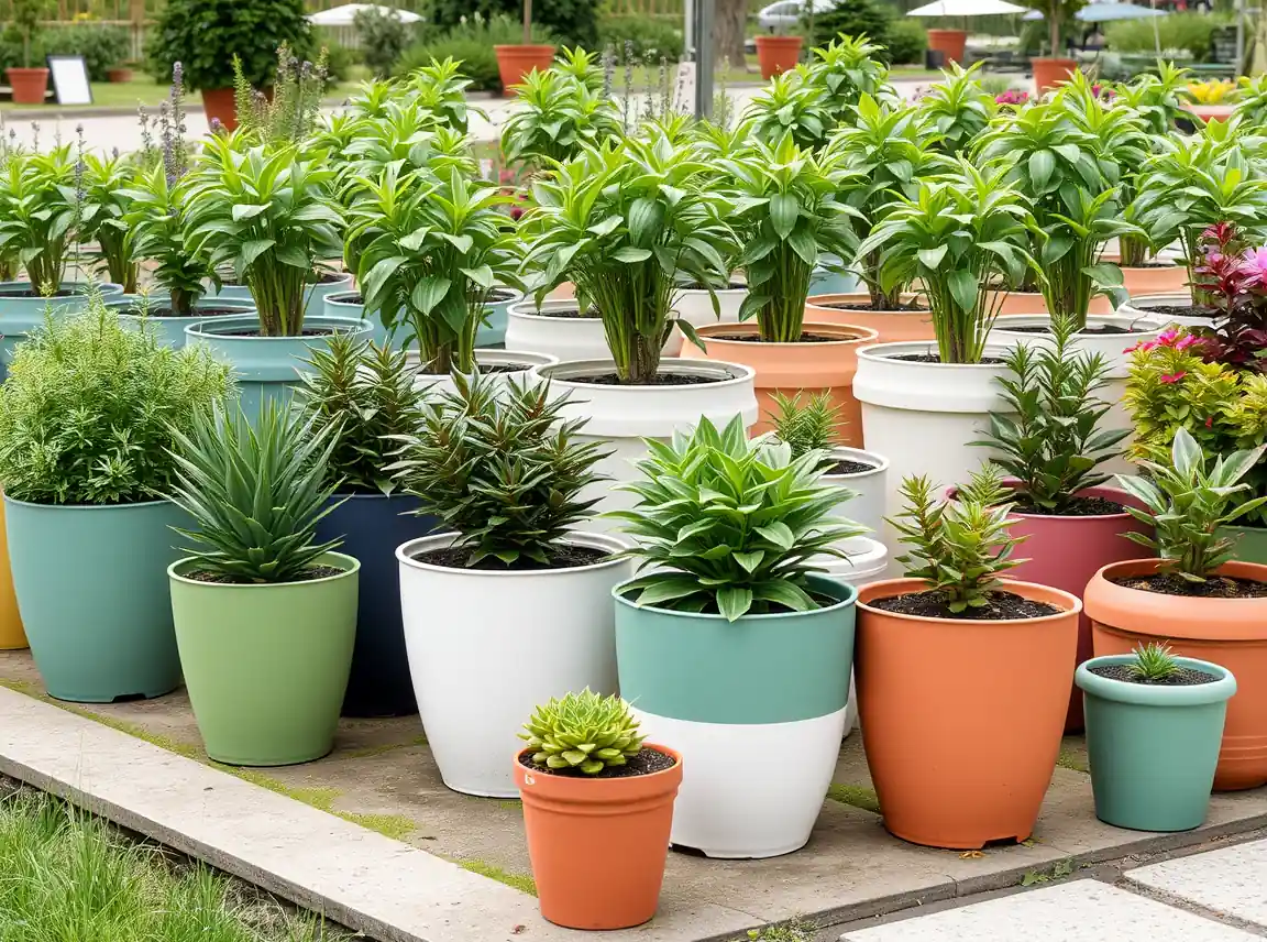 A tidy garden display of coordinated painted pots holding healthy plants, polished and cohesive, no people, soft daylight