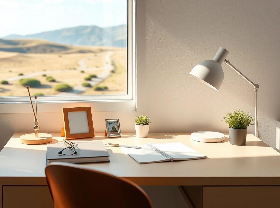 A tidy preppy desk with a few neat items, a lamp, and a small plant, showing a clean and uncluttered surface, bright