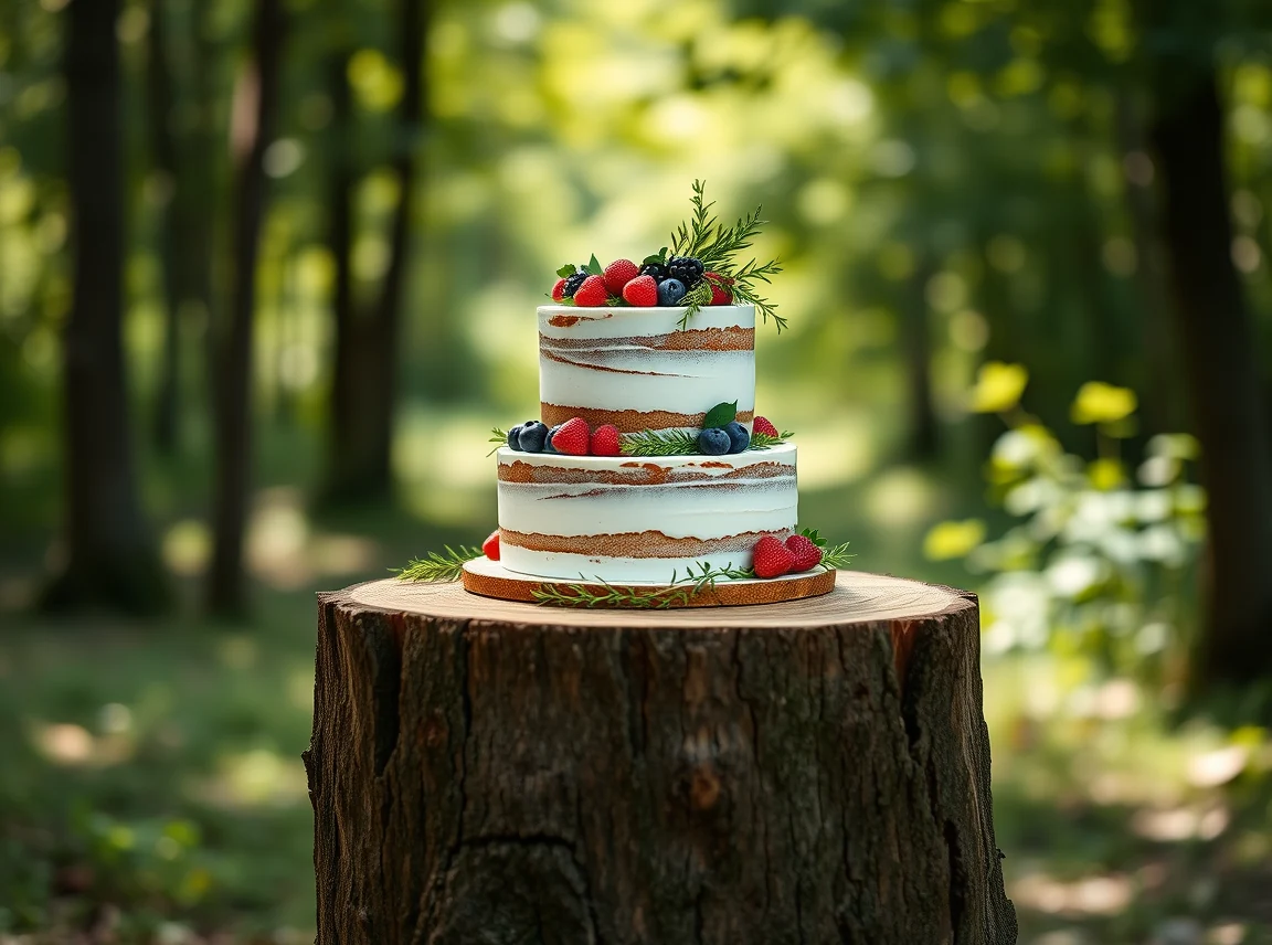 A two-tier naked wedding cake with fresh berries and greenery sitting on a thick natural tree stump slice, soft dappled