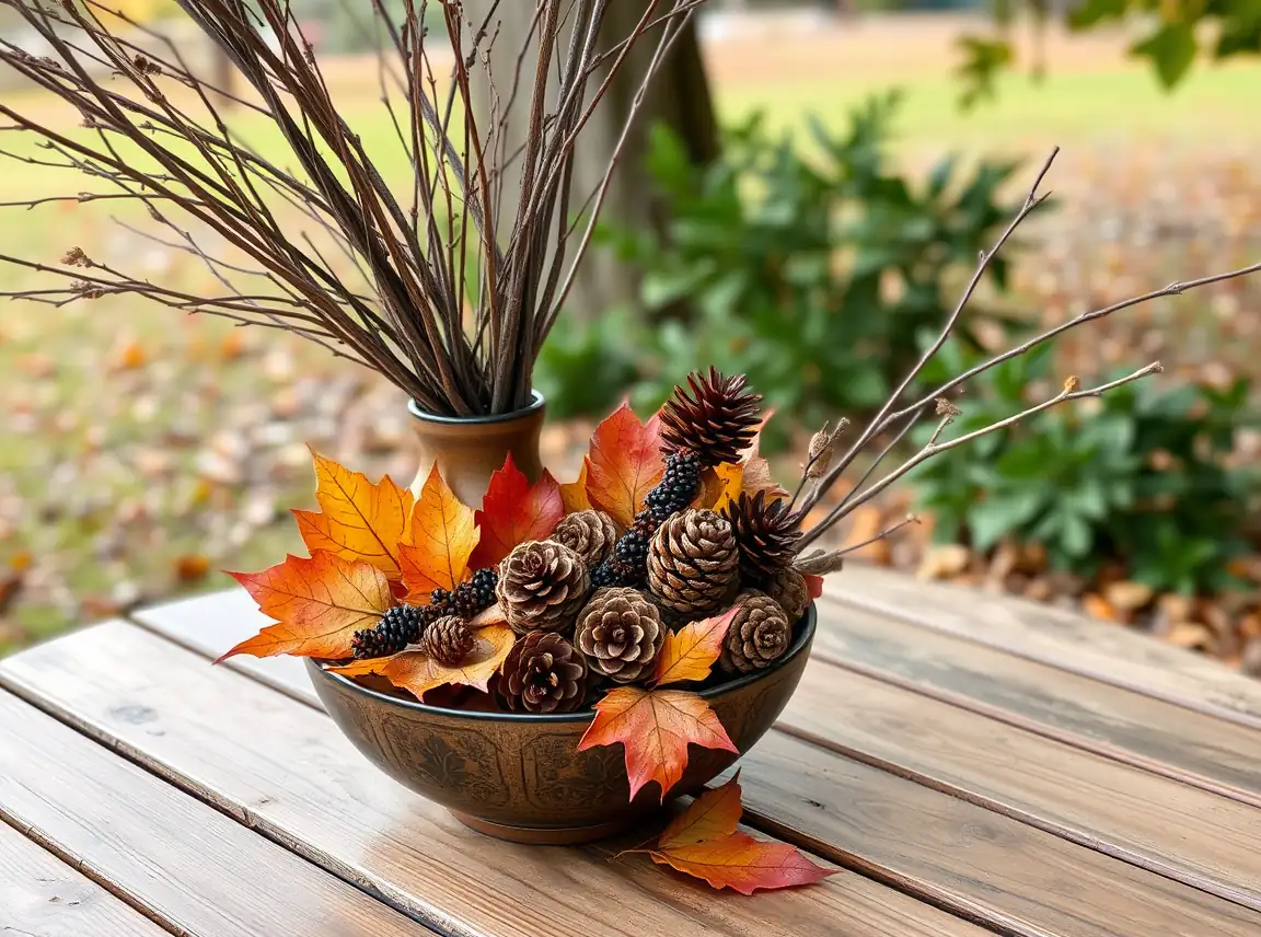 A vase and bowl filled with foraged branches, pinecones, and autumn leaves on an outdoor table, natural and earthy, no