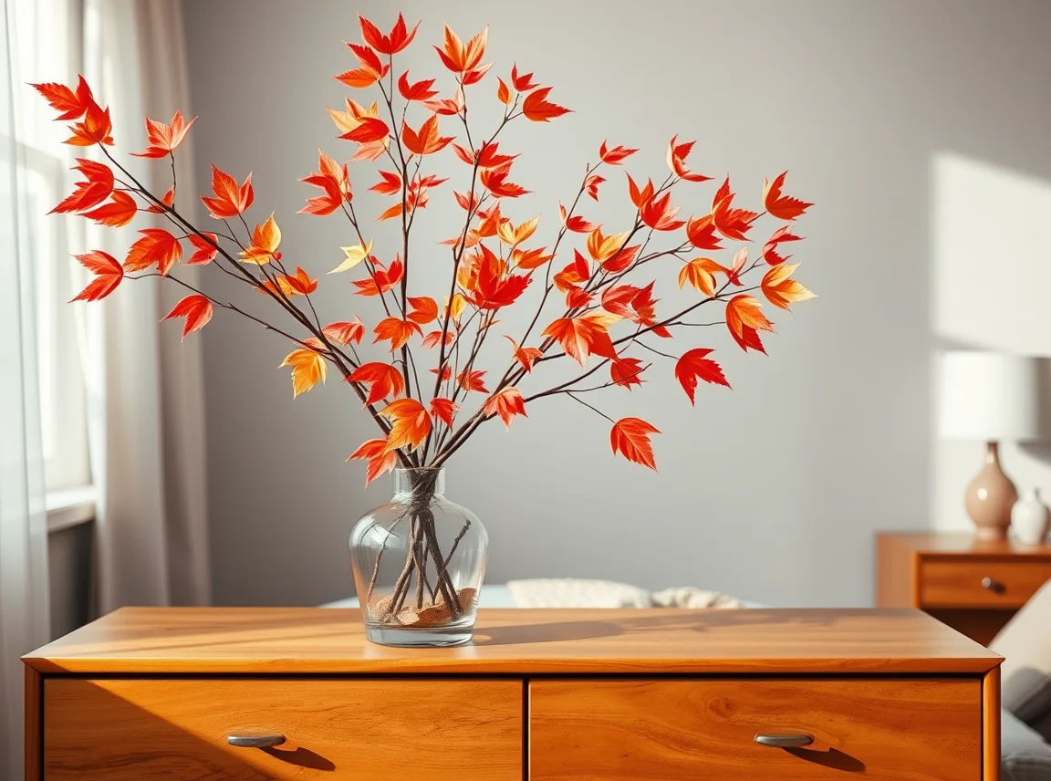 A vase of branches with orange and red autumn leaves on a bedroom dresser, bold seasonal color, no people, soft daylight