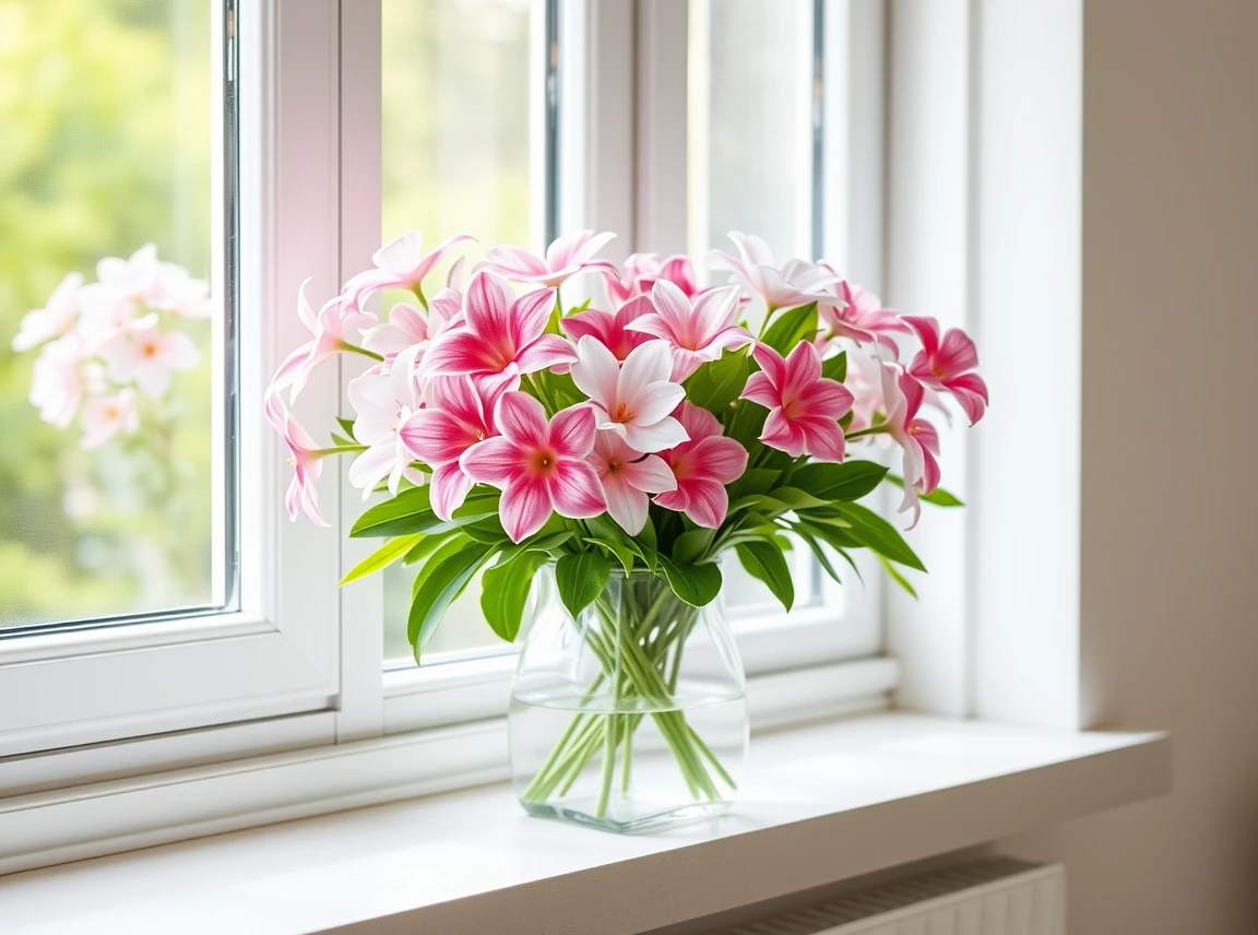 A vase of fresh pink and white flowers on a windowsill with green leaves, cheerful and bright, soft natural light, landscape