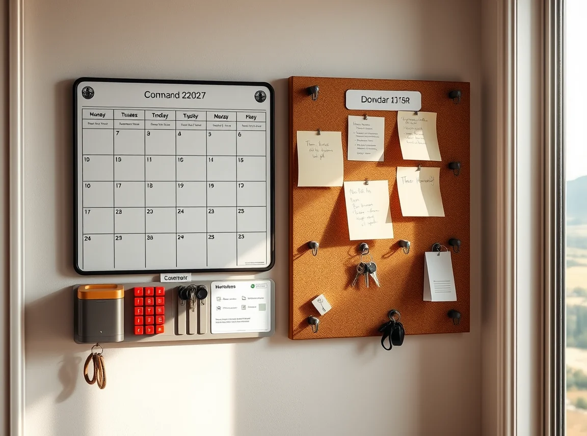 A wall command center with a shared calendar, a cork board with notes, and hooks holding keys, organized and helpful, soft