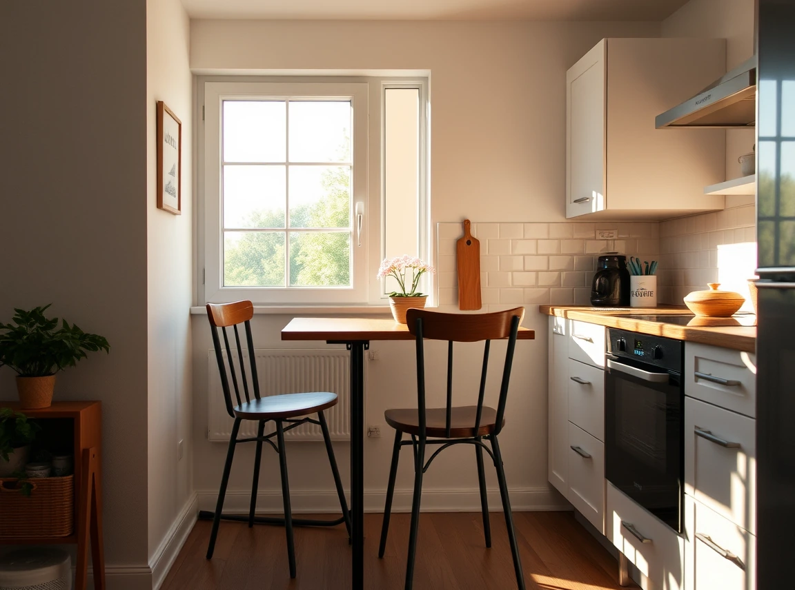 A wall-mounted drop-leaf table folded open with two chairs in a small apartment kitchen, space-smart and simple, warm