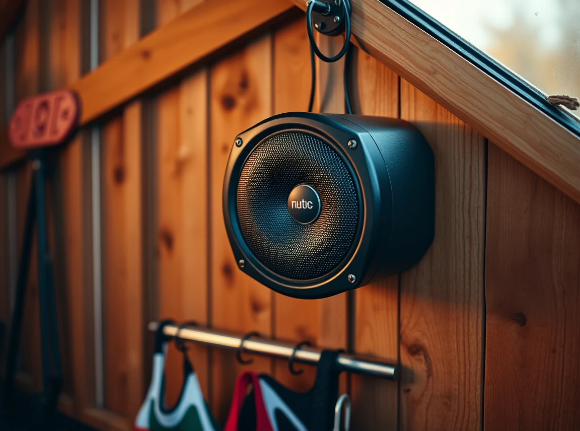 A wall-mounted speaker in a shed gym playing music, workout gear below, warm lighting, landscape photo