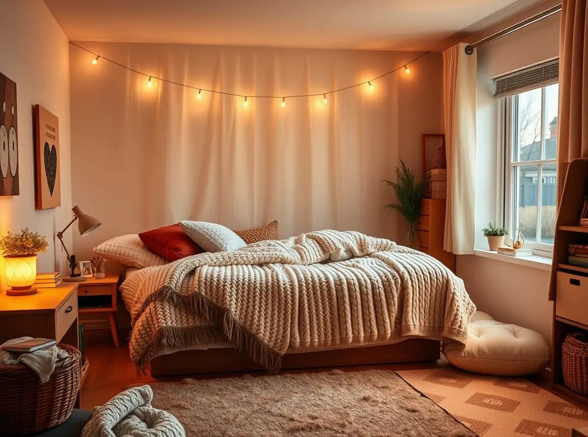 A warm and cozy first-year dorm room with a bed layered in chunky knit and faux fur throws, soft string lights above, a