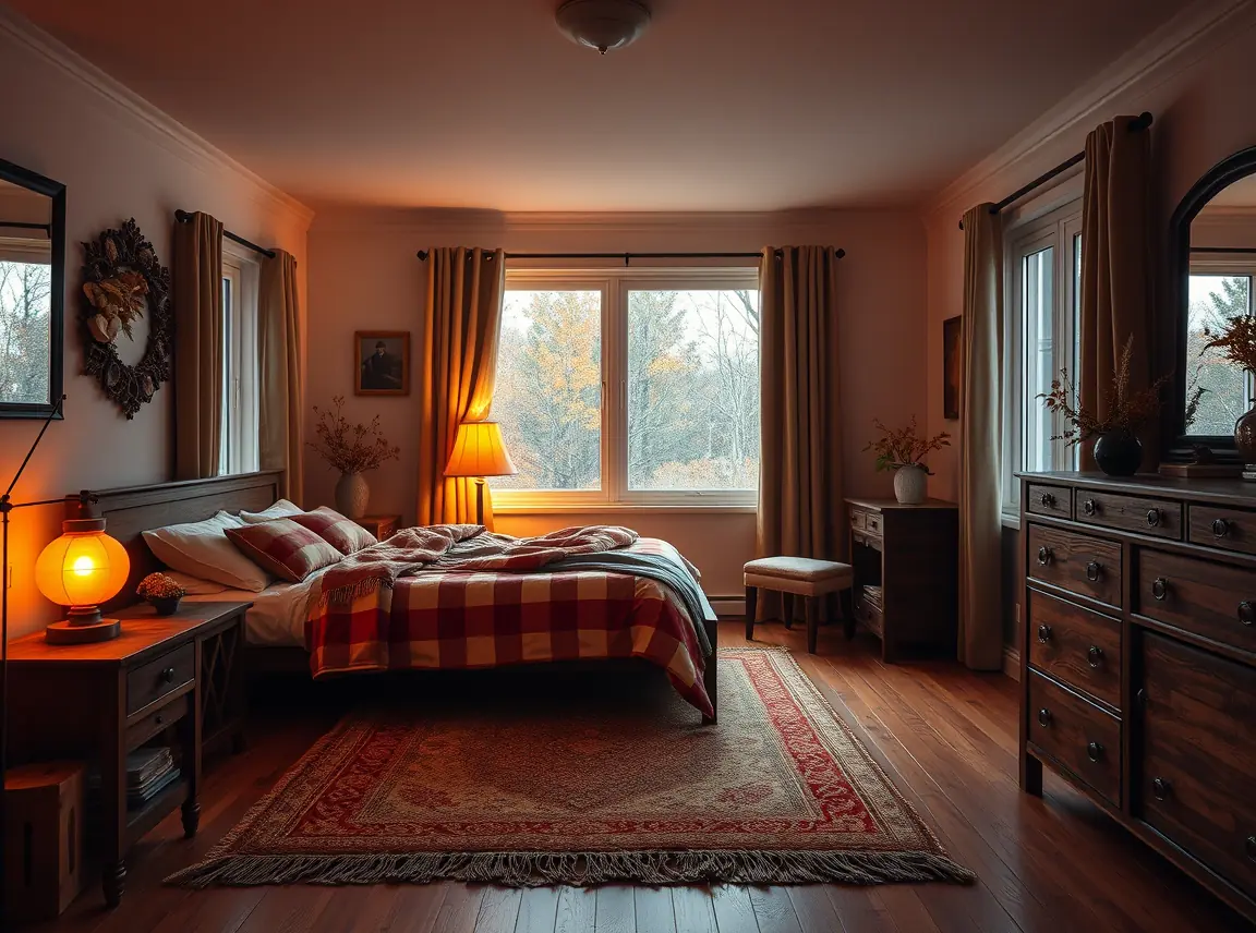 A warm cozy fall bedroom with an amber lamp glow, flannel bedding in rust tones, a layered rug over wood floors, heavy