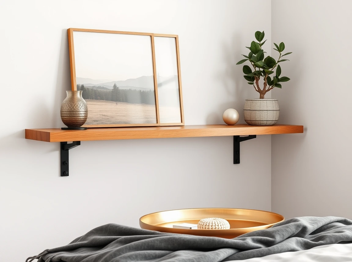 A warm oak floating shelf and a small brass tray styled in a neutral dorm, single accent material adding warmth, soft light