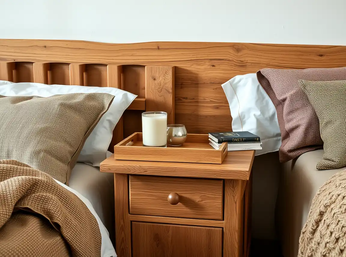 A warm oak nightstand beside a bed styled with a wooden tray, a candle, and a small stack of books, earthy natural tones, no