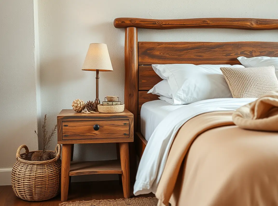 A warm wood nightstand and a woven basket beside a bed in a cozy bedroom, earthy natural tones, no people, soft daylight