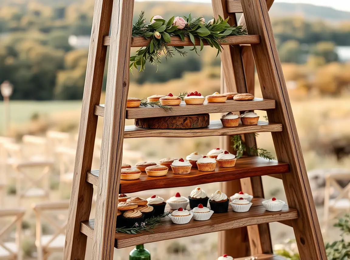 A weathered wooden A-frame ladder used as a tiered dessert display, wooden boards across the rungs holding cookies, mini