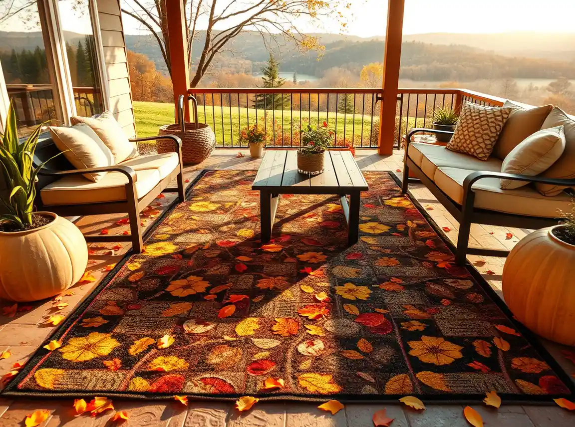 A weatherproof outdoor rug in a warm fall pattern under a patio seating area, cozy and grounding, no people, soft daylight