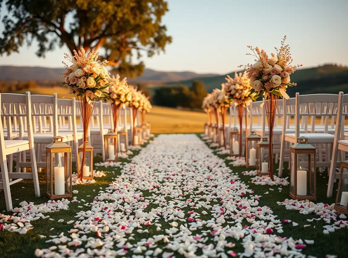 A wedding aisle lined with scattered flower petals and small lanterns along the sides, romantic and inviting, no people