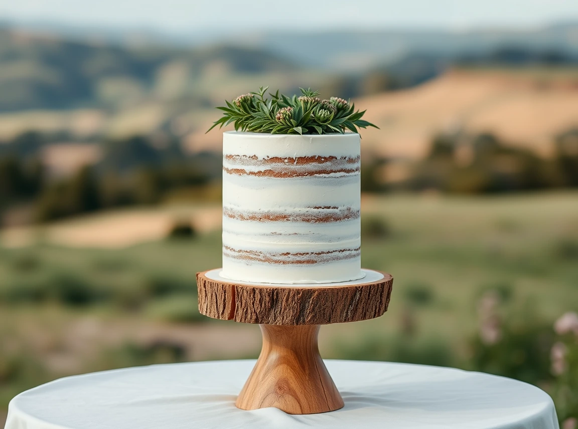 A wedding cake on a handmade wood-slice stand with a simple greenery topper, rustic and sweet, no people, soft daylight