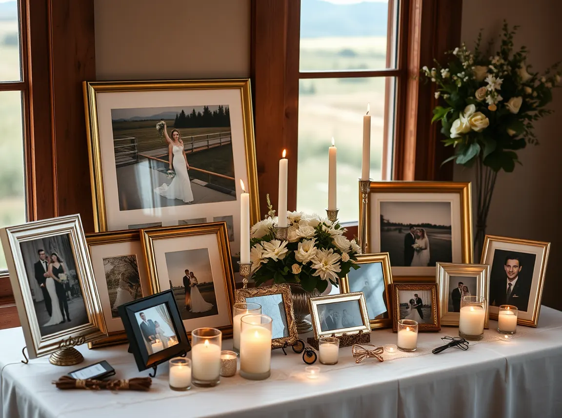 A wedding memory table with framed photos, candles, and small keepsakes arranged neatly, warm and personal, no people, soft