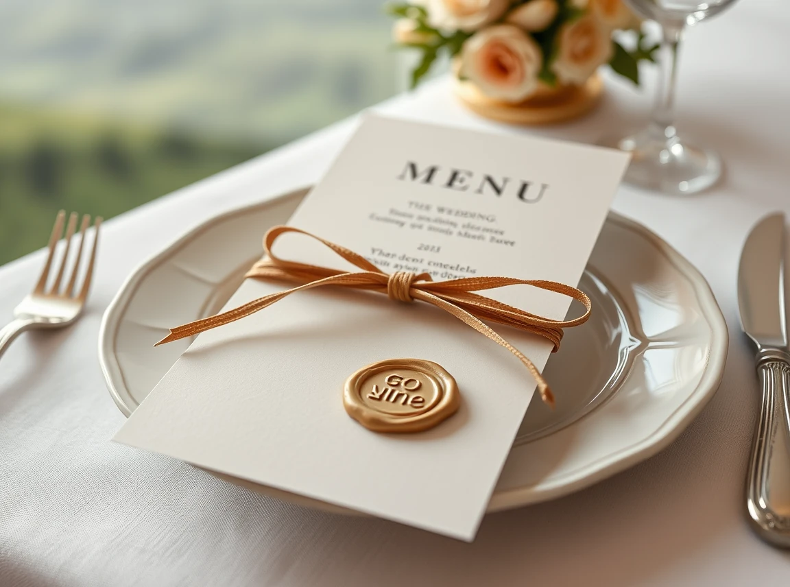 A wedding menu tied with ribbon and finished with a wax seal on a place setting, elegant and detailed, no people, soft