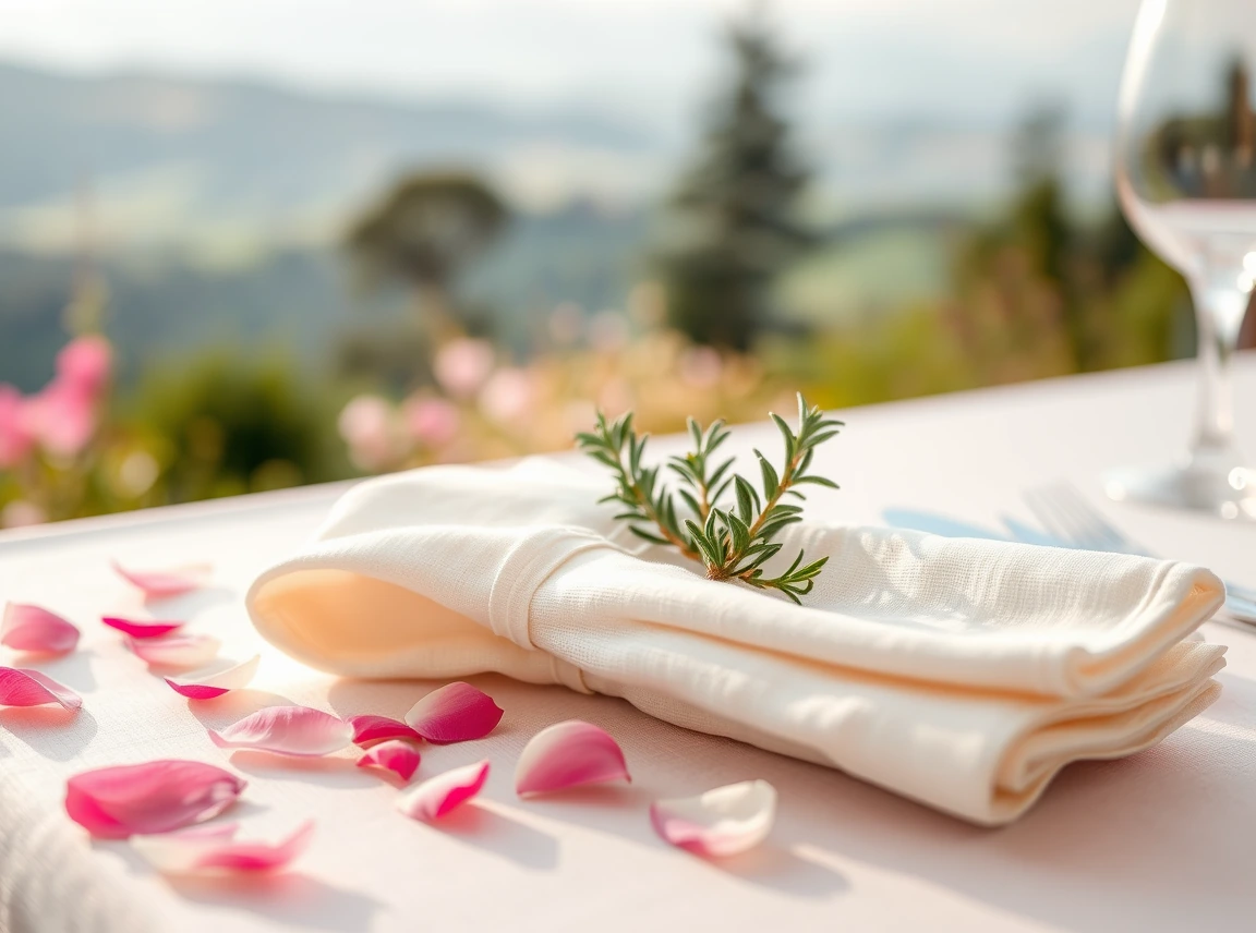 A wedding place setting with a sprig of rosemary on a folded napkin and scattered petals, natural and pretty, no people