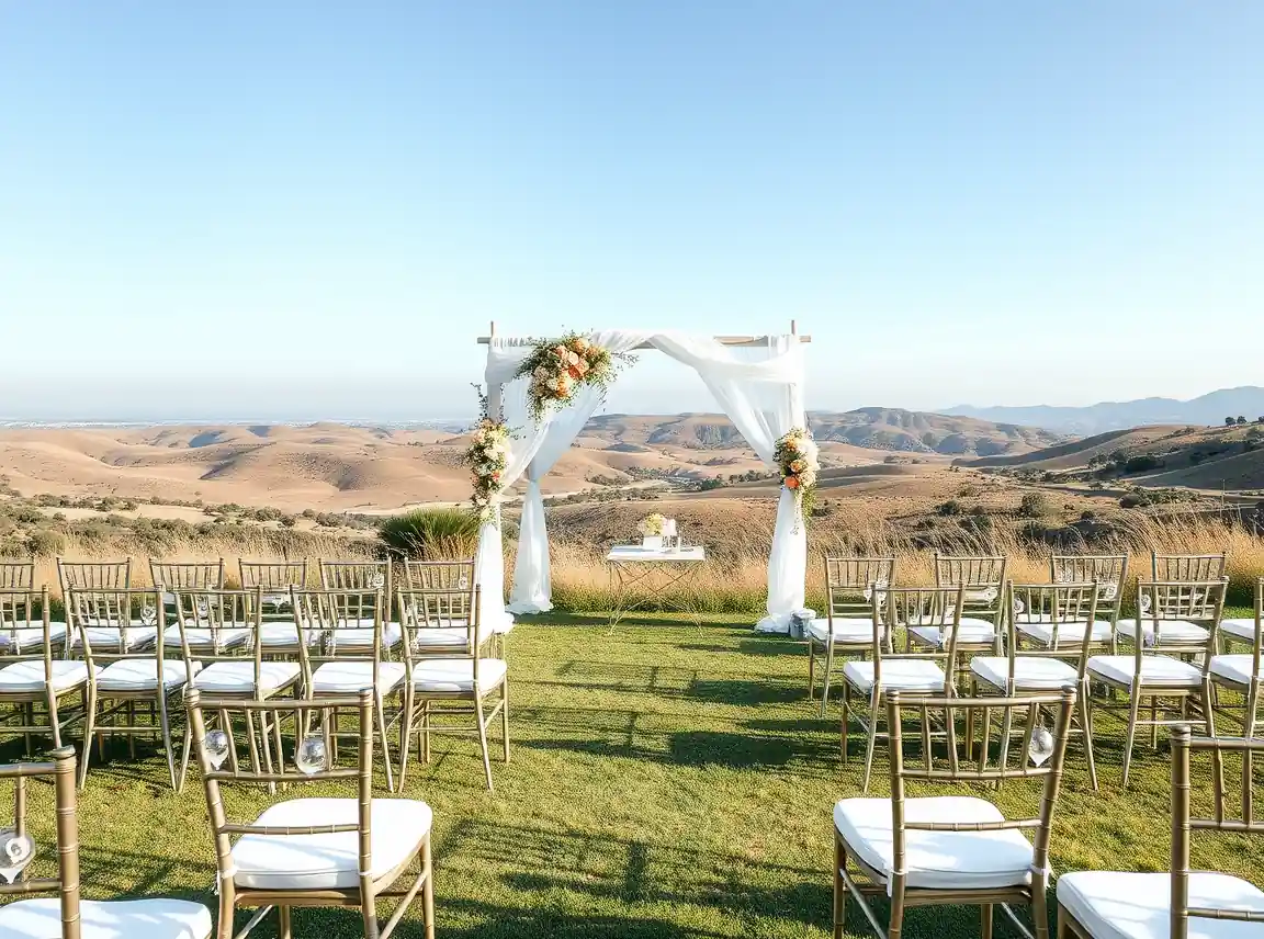 A wedding setup with rented arch, chairs, and glassware arranged neatly, elegant and cost-smart, no people, soft daylight