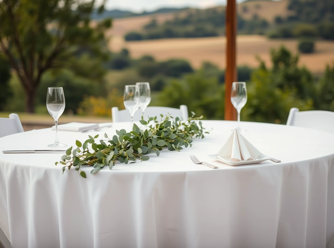 A wedding table set with simple white linens, a greenery runner, and folded napkins, clean and elegant, no people, soft