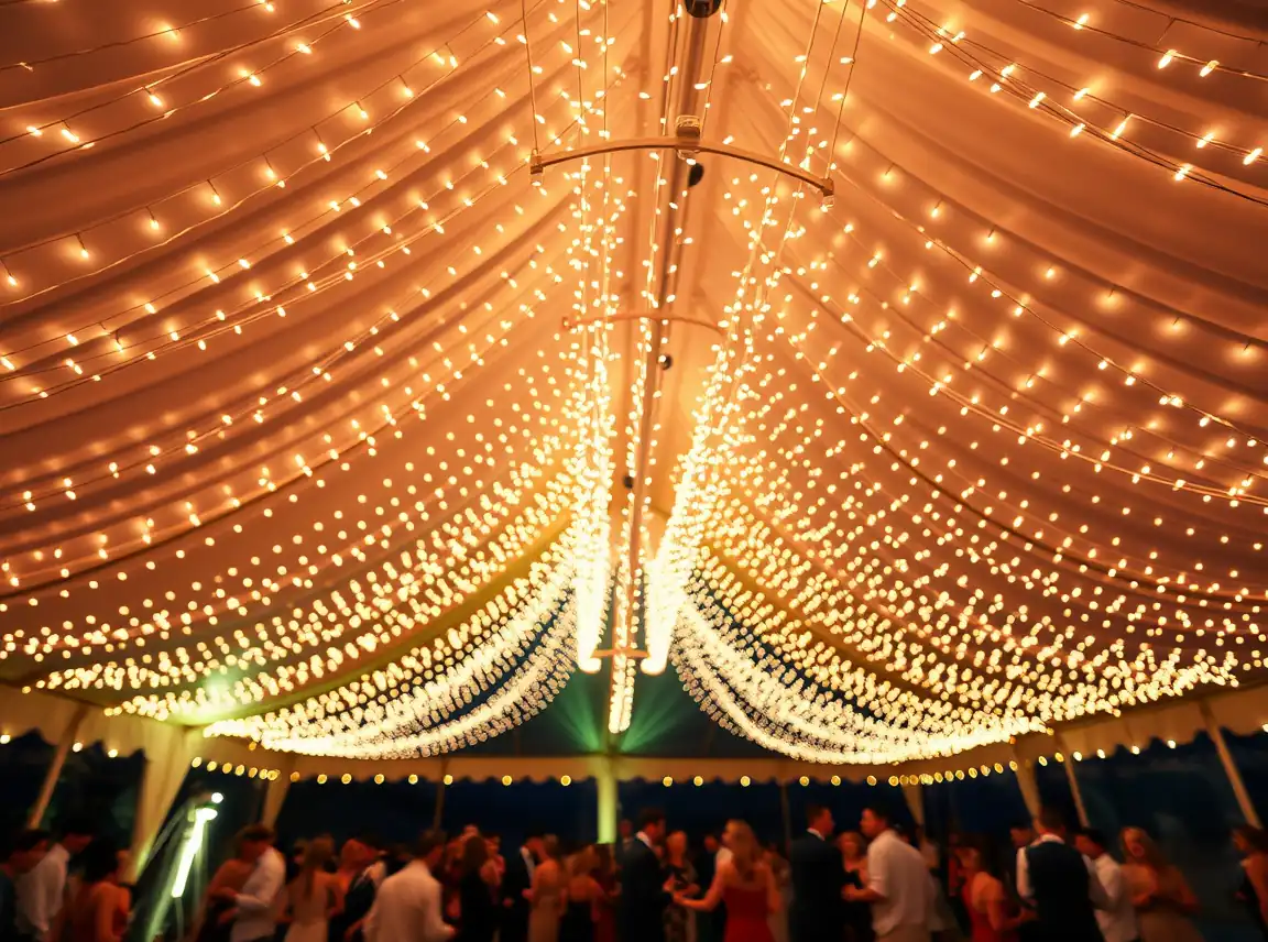 A wedding tent ceiling draped with hundreds of warm white string lights forming a glowing canopy over a dance floor, guests