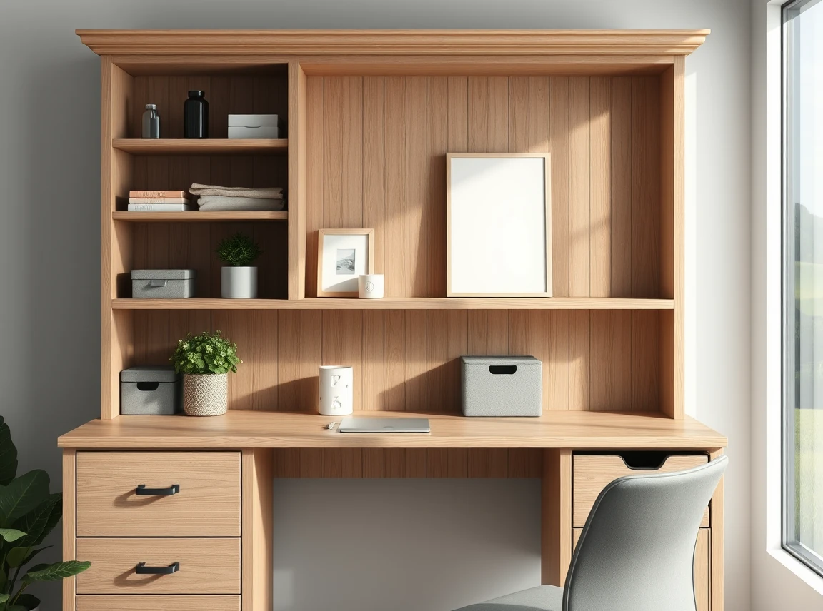 A well-styled desk hutch with just a few grouped items, one plant, matching bins, and open breathing space, clean and