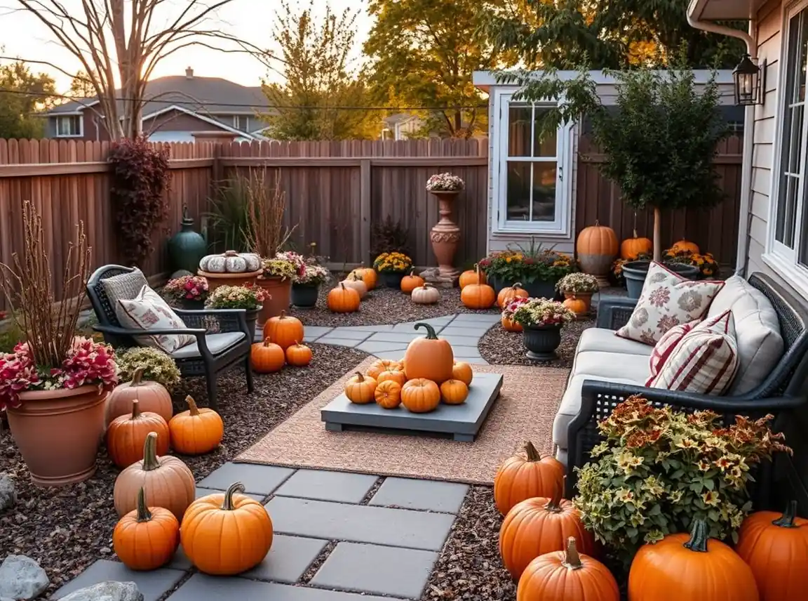 A well-styled fall backyard with grouped pumpkins, warm lights, cozy seating, and planters all working together, polished