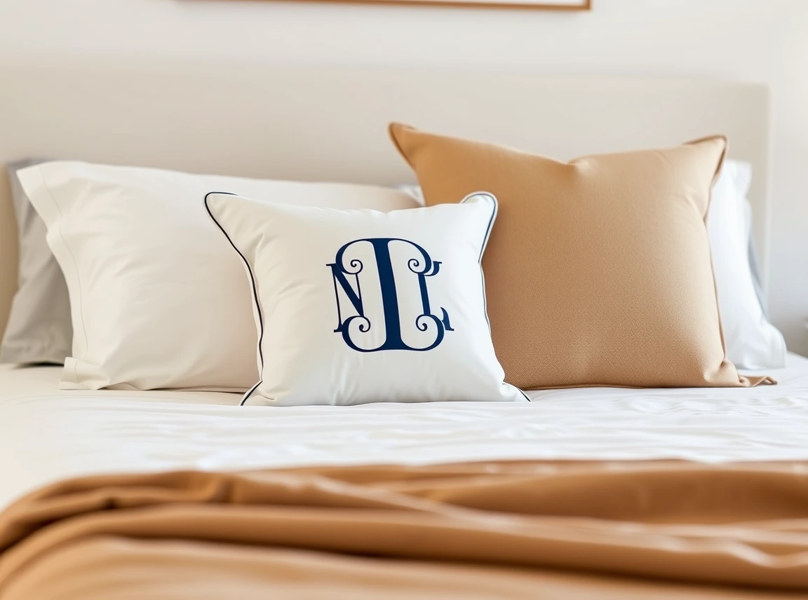 A white throw pillow with a navy monogram sitting on a neatly made bed, personal and polished, soft daylight, landscape photo